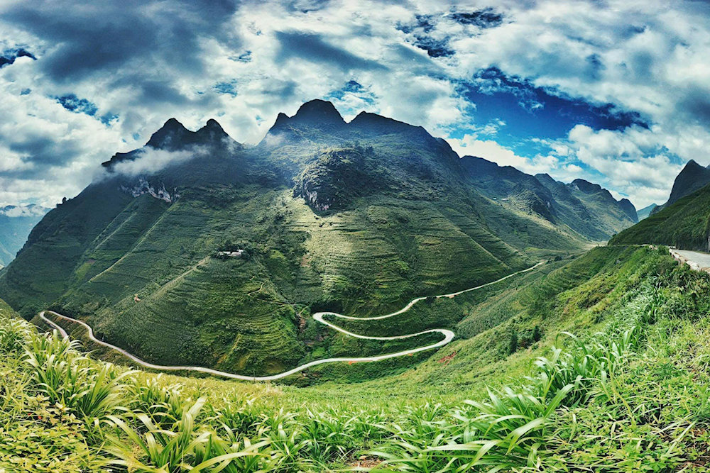 A vibrant contrast of golden terraced fields against the deep green mountains